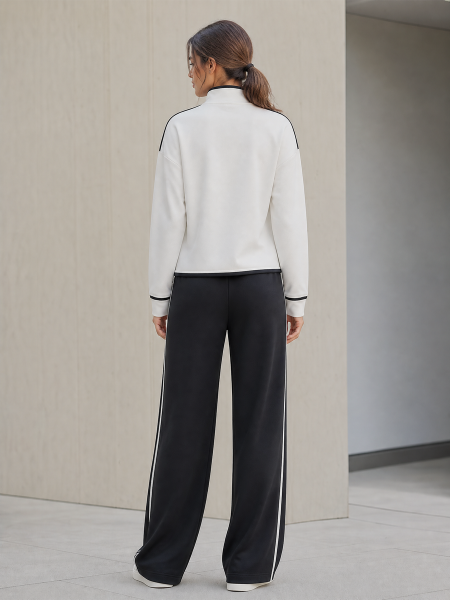 White‑Black Contrast Stand Collar Zip‑Up Tracksuit Set