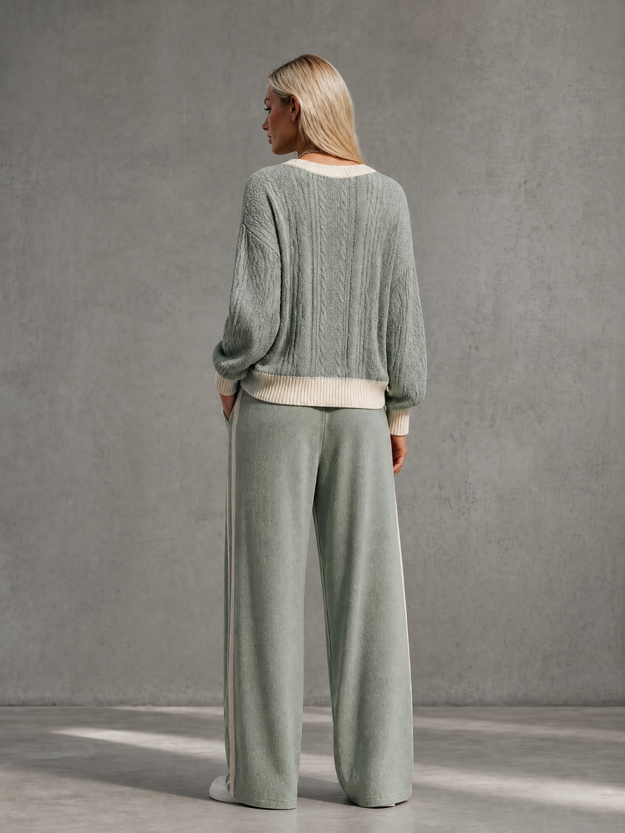 Sage Green Cable-Knit Sweater & Side-Stripe Wide-Leg Pants Set