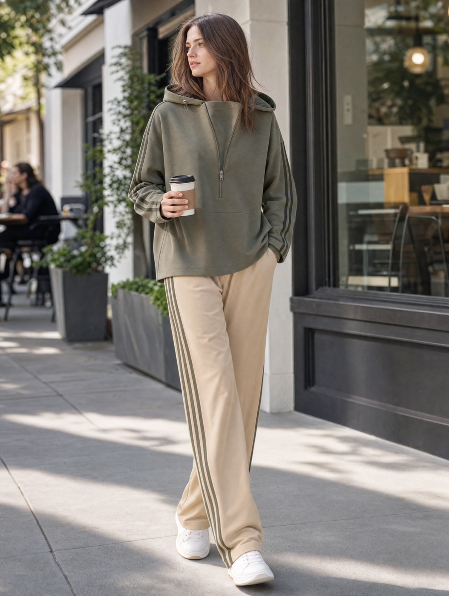 Stylish Set Featuring A Khaki-green Long-sleeve Hoodie With A Half-zip Collar And Khaki Trousers