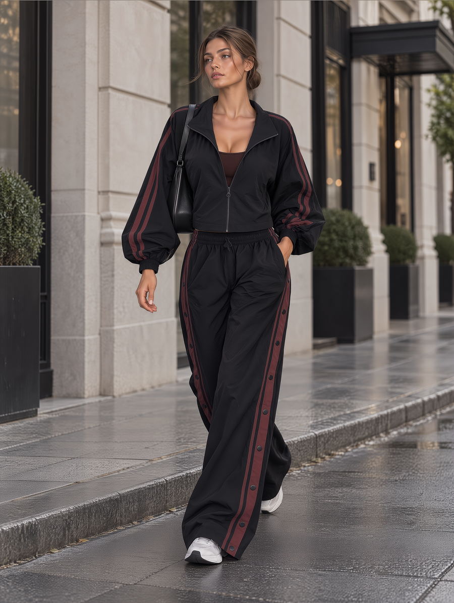 Black Contrast-Stripe Windbreaker And Snap-Side Wide-Leg Track Pants Set