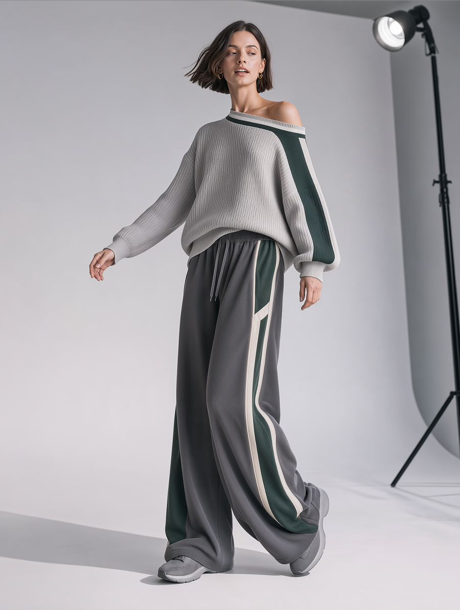 Grey & Green Color Block Off-Shoulder Sweater & Wide-Leg Track Pants Set