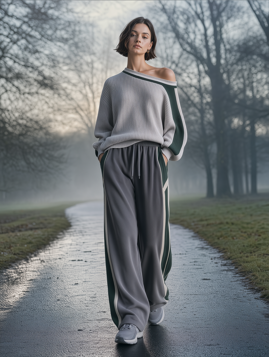 Grey & Green Color Block Off-Shoulder Sweater & Wide-Leg Track Pants Set