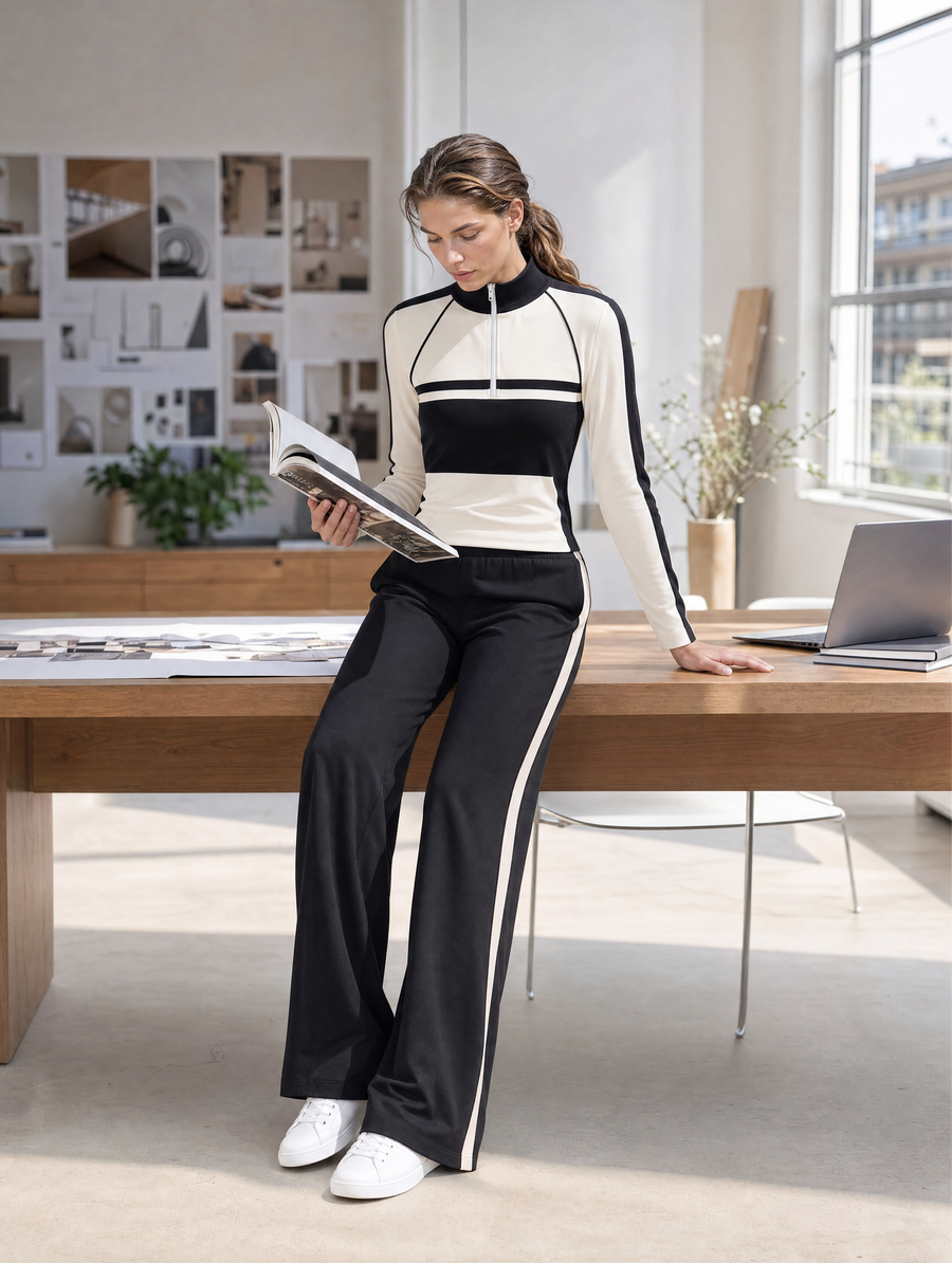 Fitted Black-and-white Color-block Long-sleeve Half-zip Top And Trousers Set