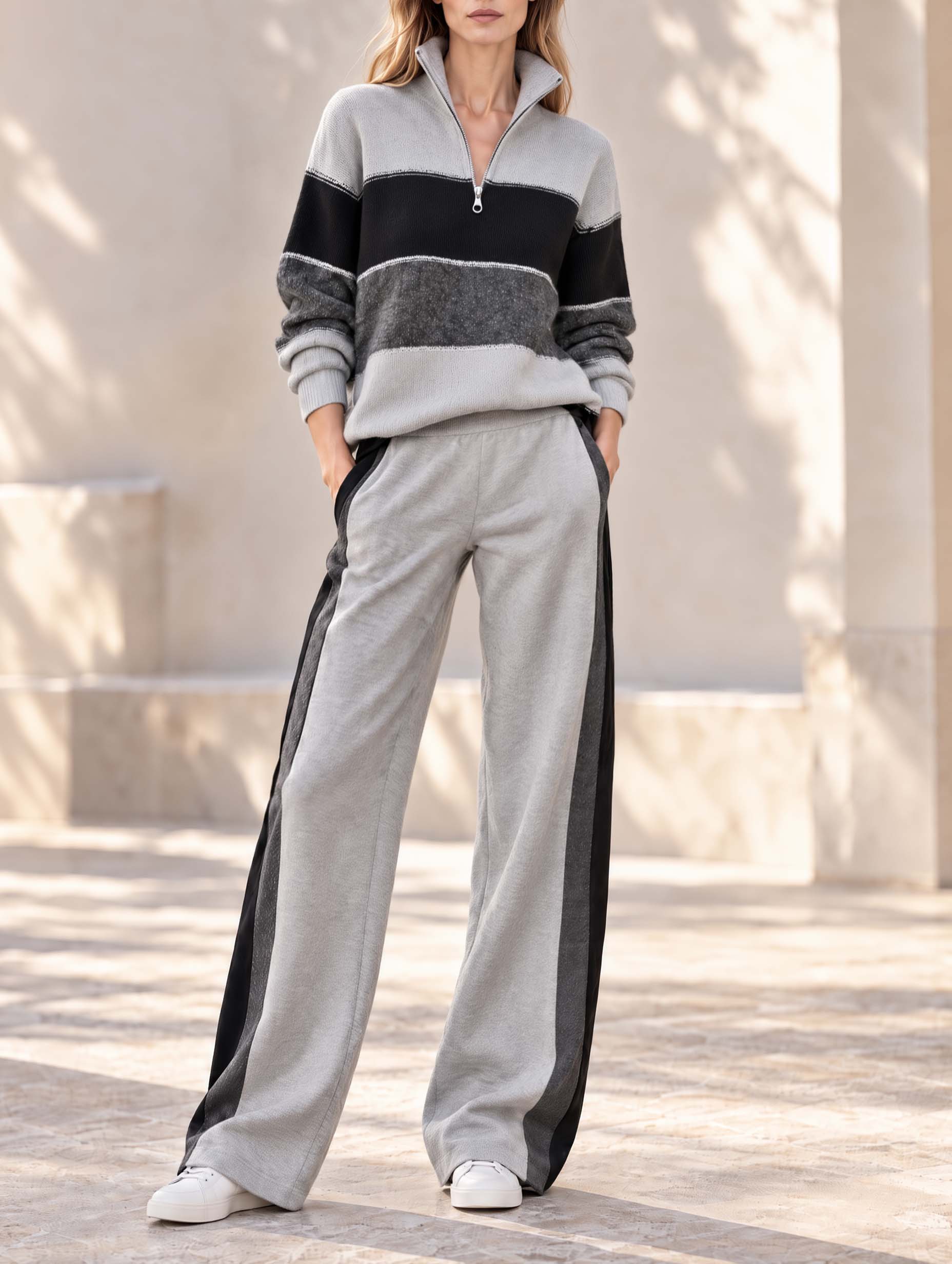 Stylish Casual Grey Half-Zip Long-Sleeve Sweater And Pants Set