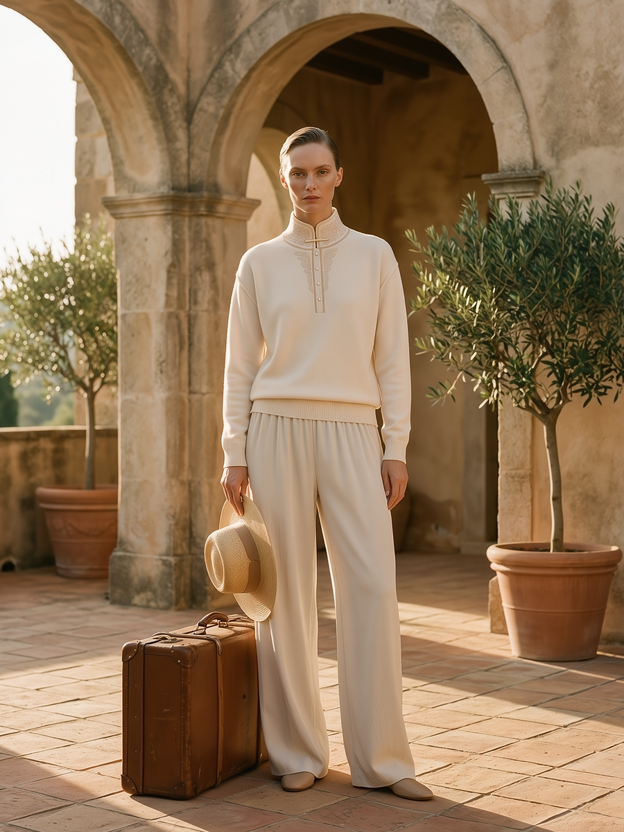 Ivory Embroidered Mock Neck Half-Button Knit Sweater
