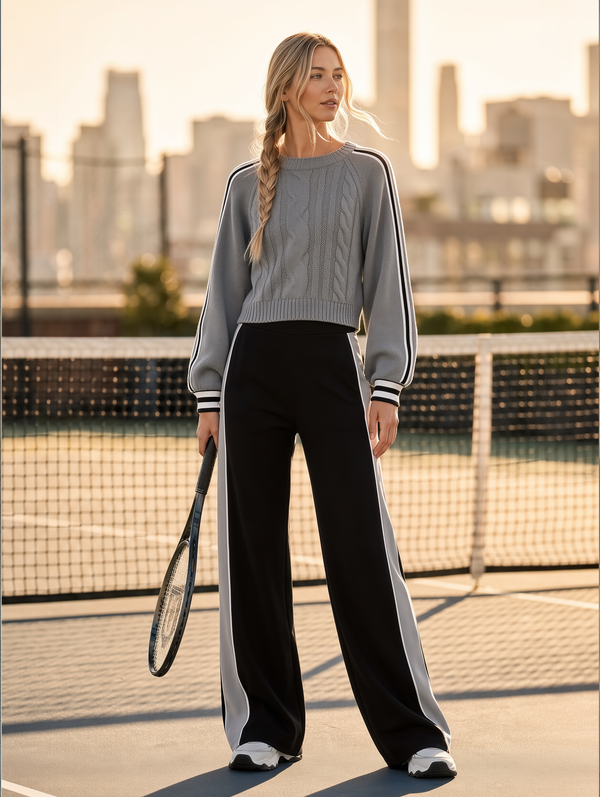 Grey Cable-knit Sweater And Striped Wide-leg Trousers Set
