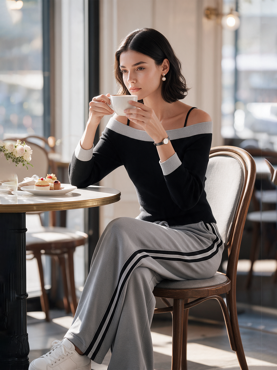 Black‑Grey Contrast Off‑Shoulder Knit Top Side‑Stripe Wide Leg Pants Set
