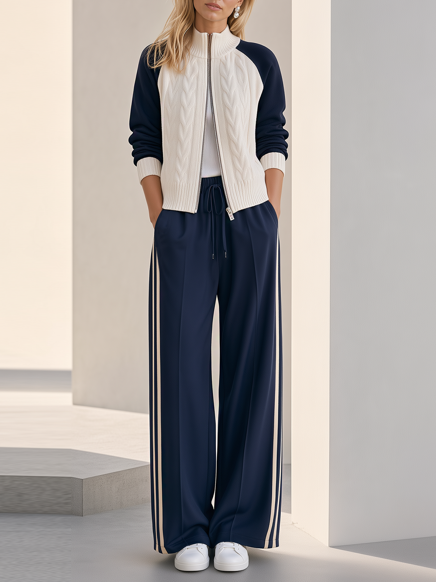 Navy & White Cable Knit Zip Cardigan & Side Stripe Wide Leg Pants Set