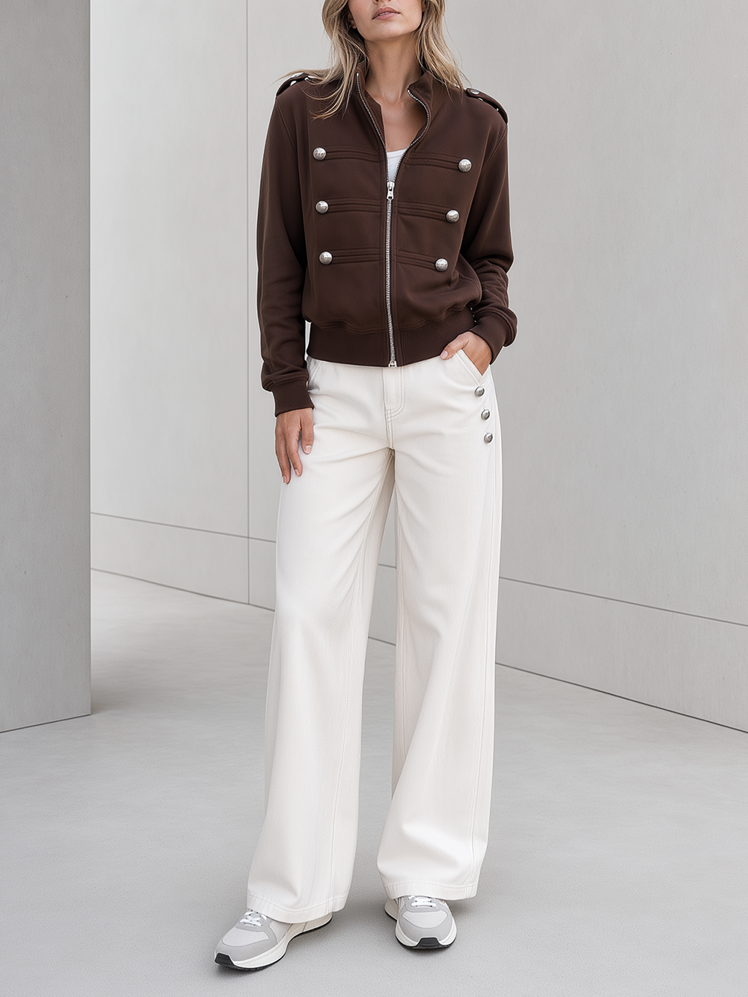 Brown Stand-collar Zip-up Jacket With Button Details And Off-white Casual Trousers Set