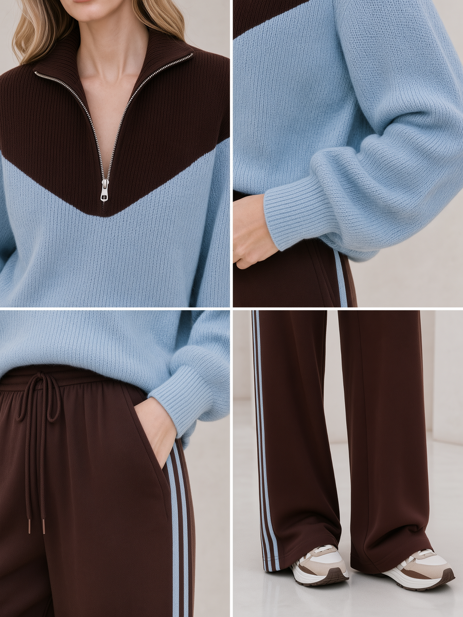 Brown‑Blue Color‑Block Half‑Zip Knit Top Wide Leg Pants Set