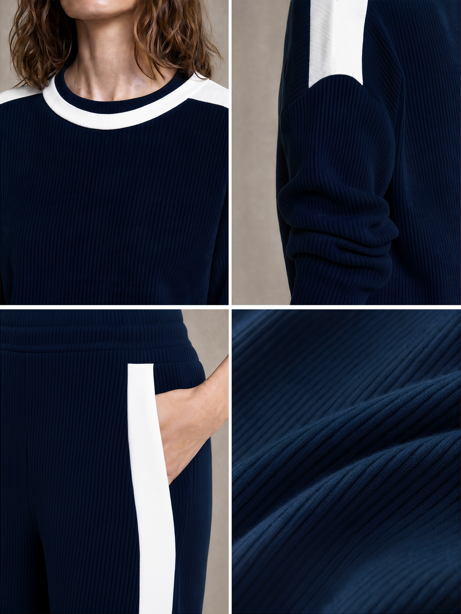 Navy & White Color‑Block Crew Neck Ribbed Knit Wide Leg Pants Set