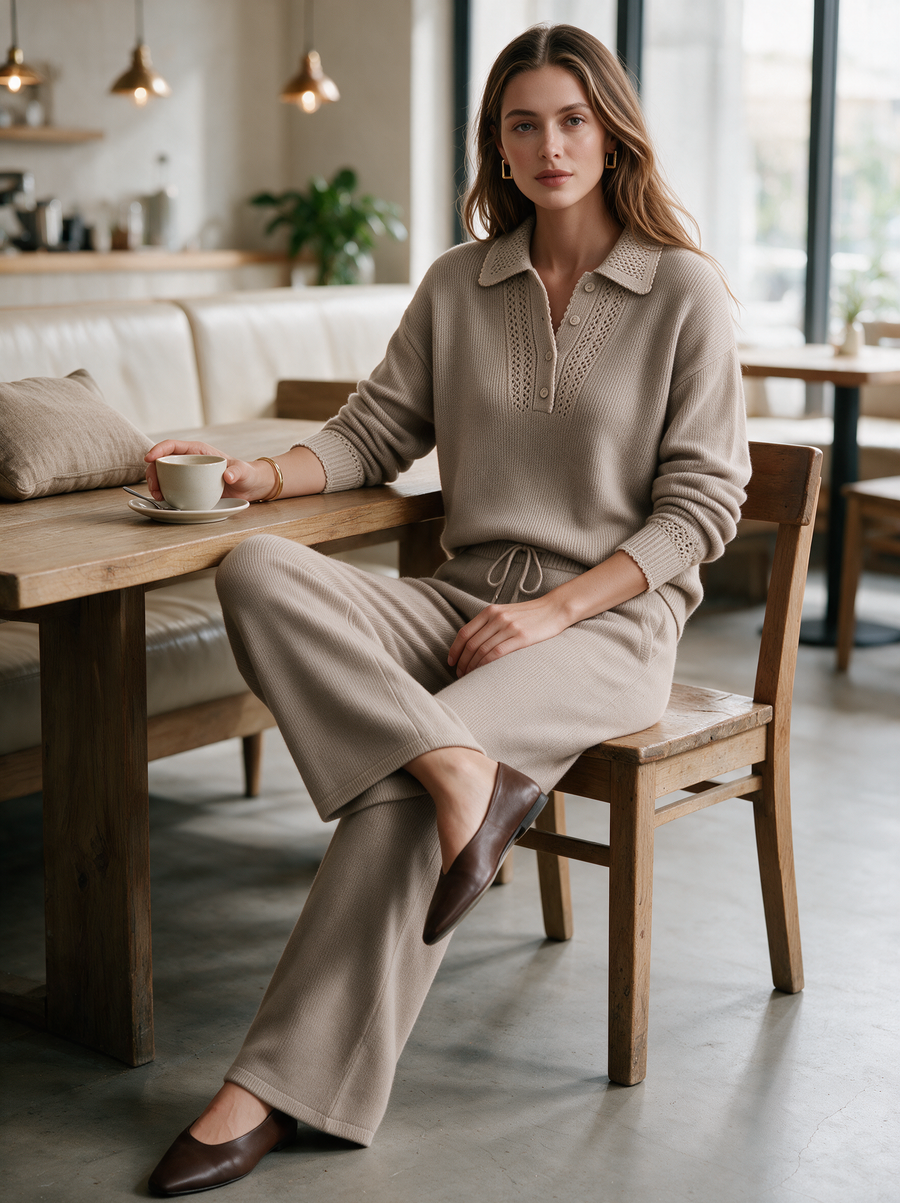 Oatmeal Knit Polo Sweater & Wide-Leg Pants Set