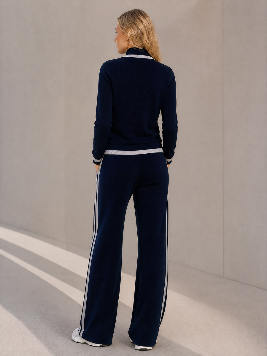Navy And Light Grey Color-block Half-zip Top And Wide-leg Casual Trousers Set