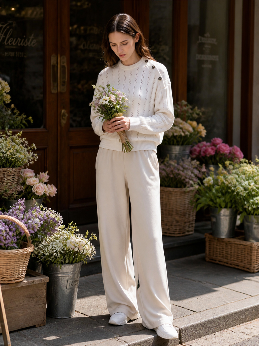 White Crew-neck Long-sleeve Sweater With Side Button Detail And Oatmeal-colored Trousers Set