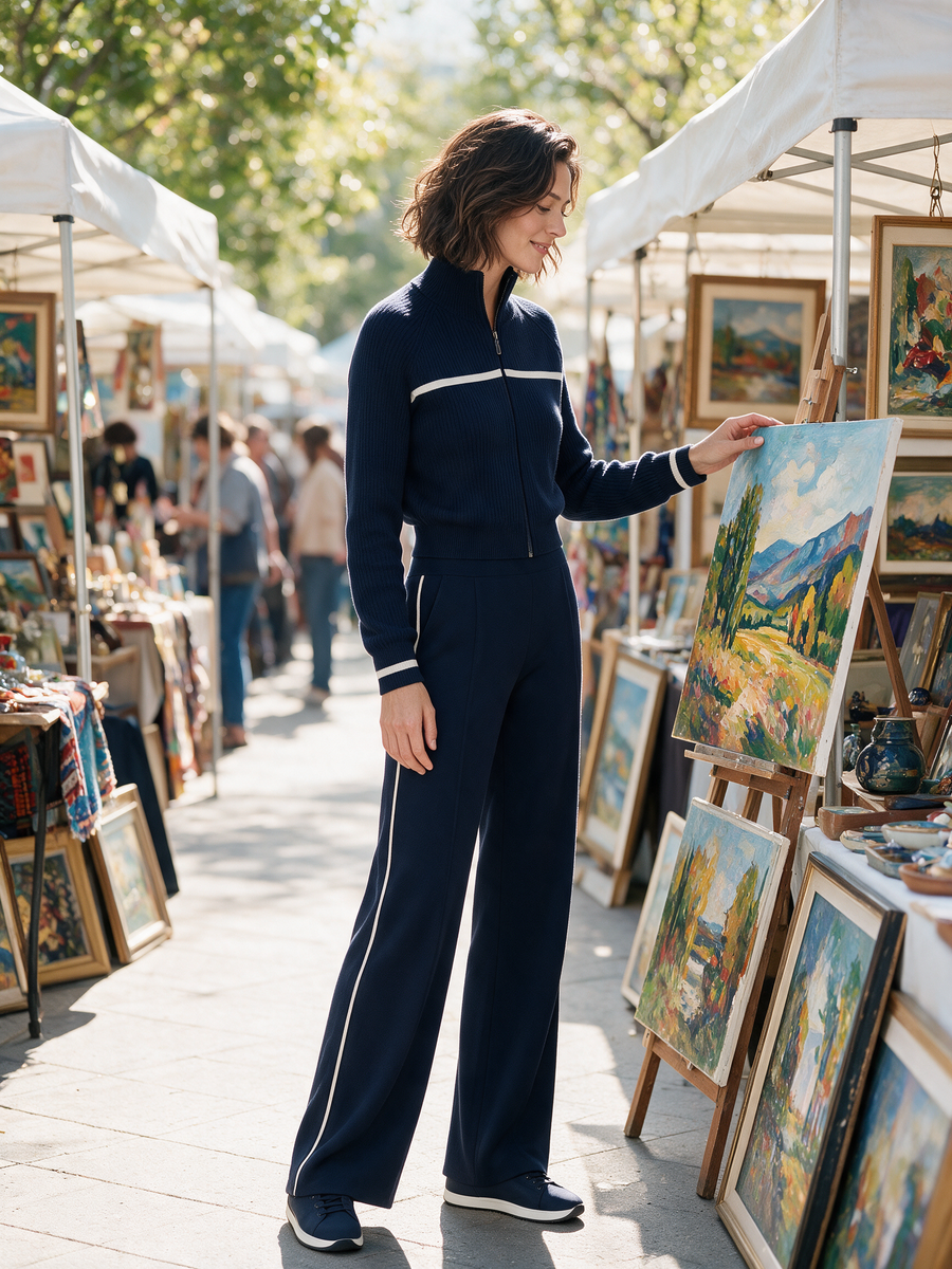 Navy Blue Knitted Zip-up Jacket And Wide-leg Trousers Set