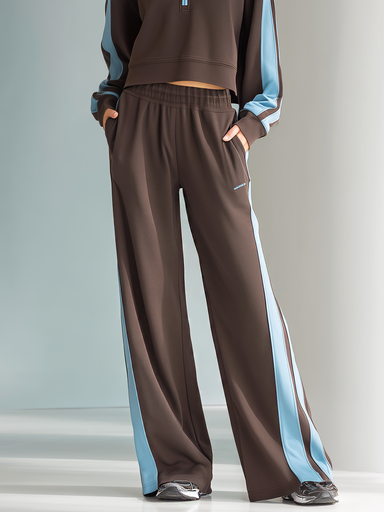 Women's Stylish Casual Brown And Blue Wide-leg Trousers