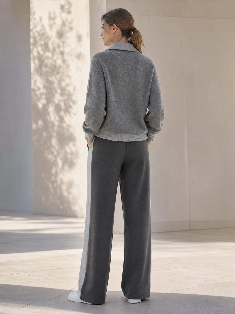 Grey-toned Fashion Set Featuring A Collared Long-sleeve Sweater And Wide-leg Trousers