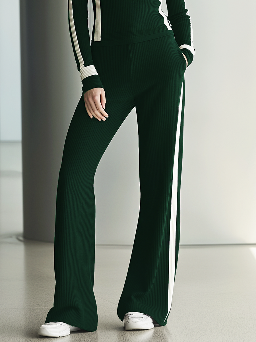Women's Fashionable Casual Black And White Ribbed Straight-leg Trousers