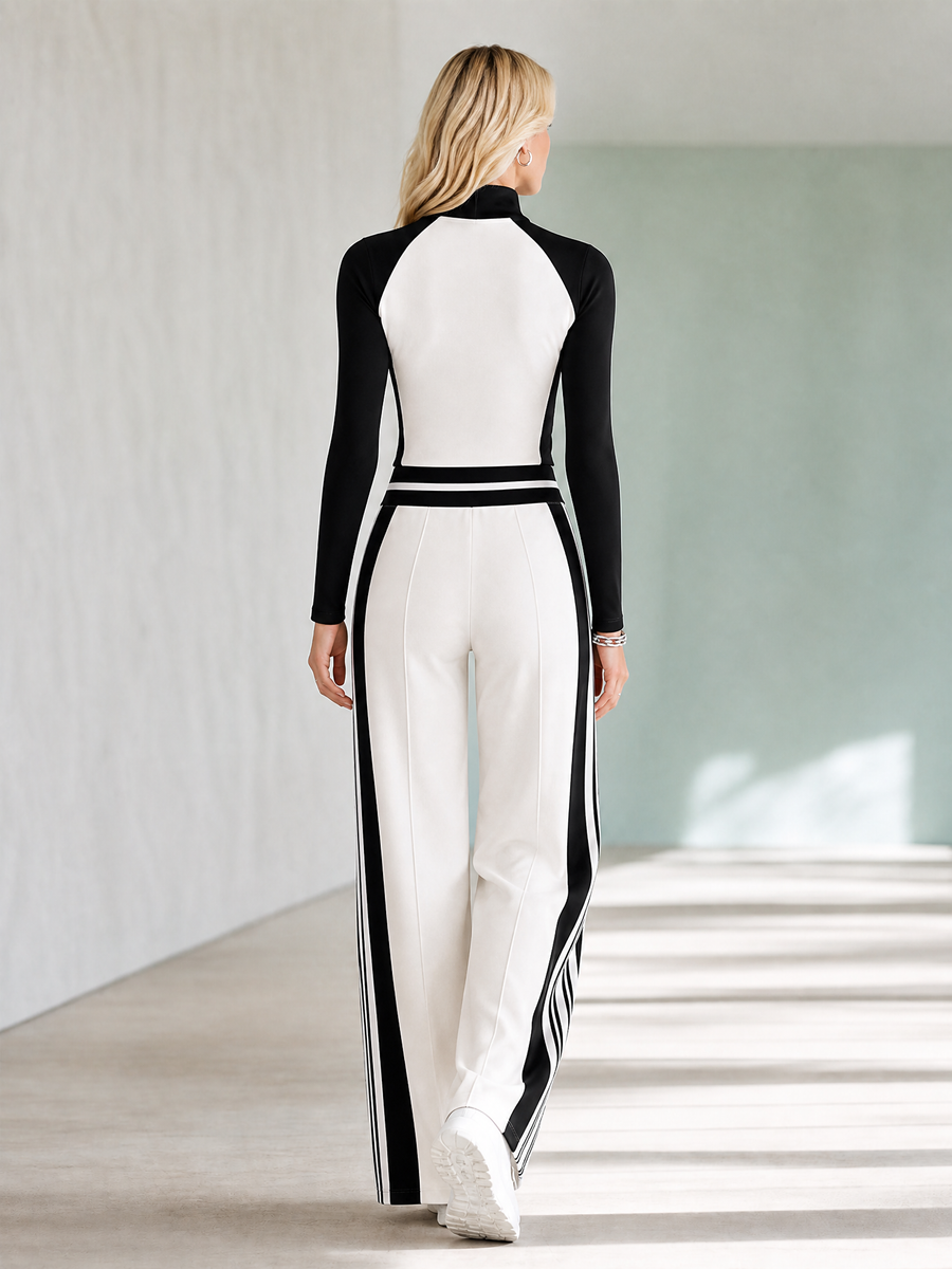 Black And White Color-block Half-zip Raglan-sleeve Top And Trousers Set