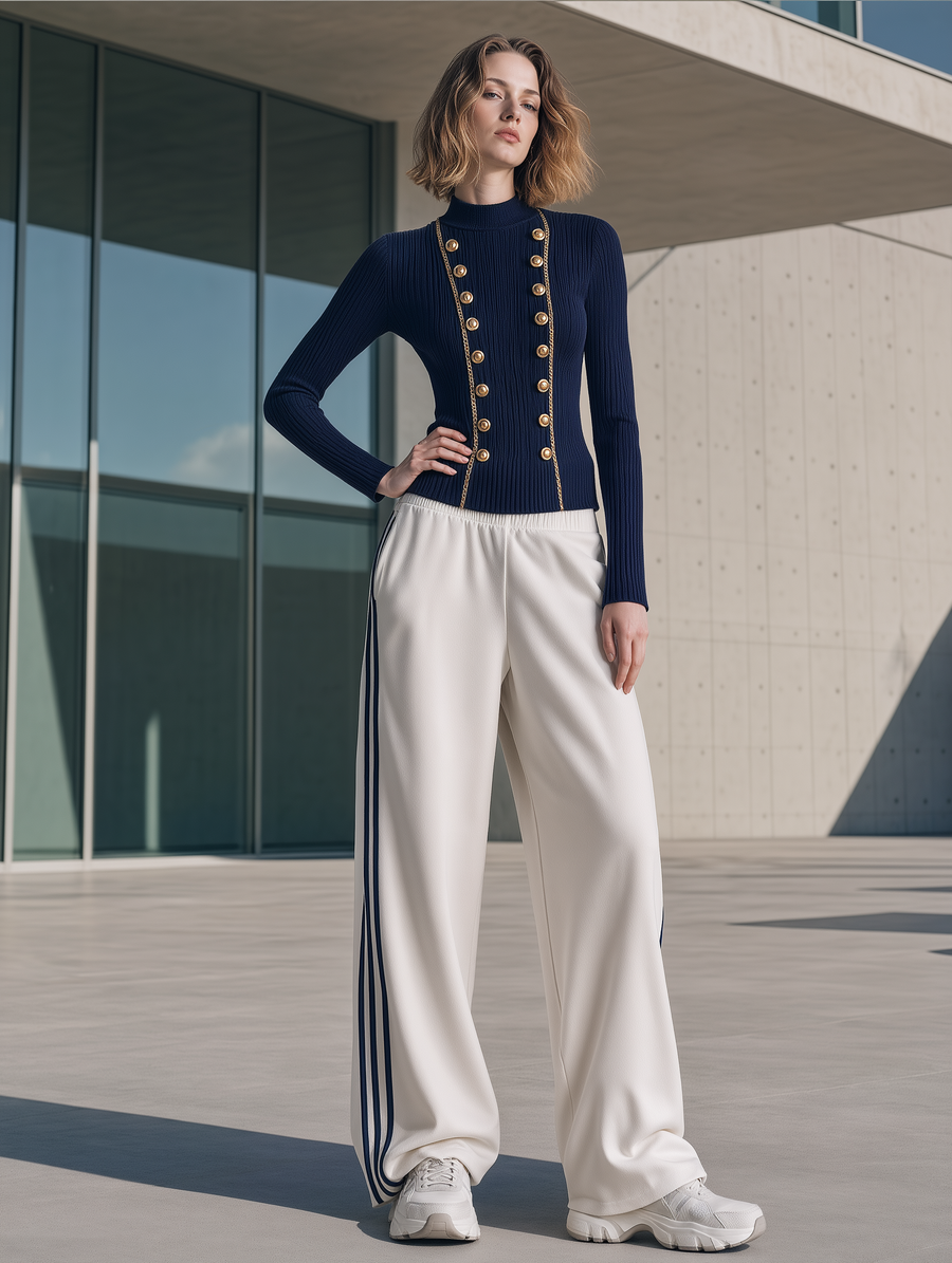 Navy Gold-Button Ribbed Knit Top & Ivory Side-Stripe Wide-Leg Pants Set