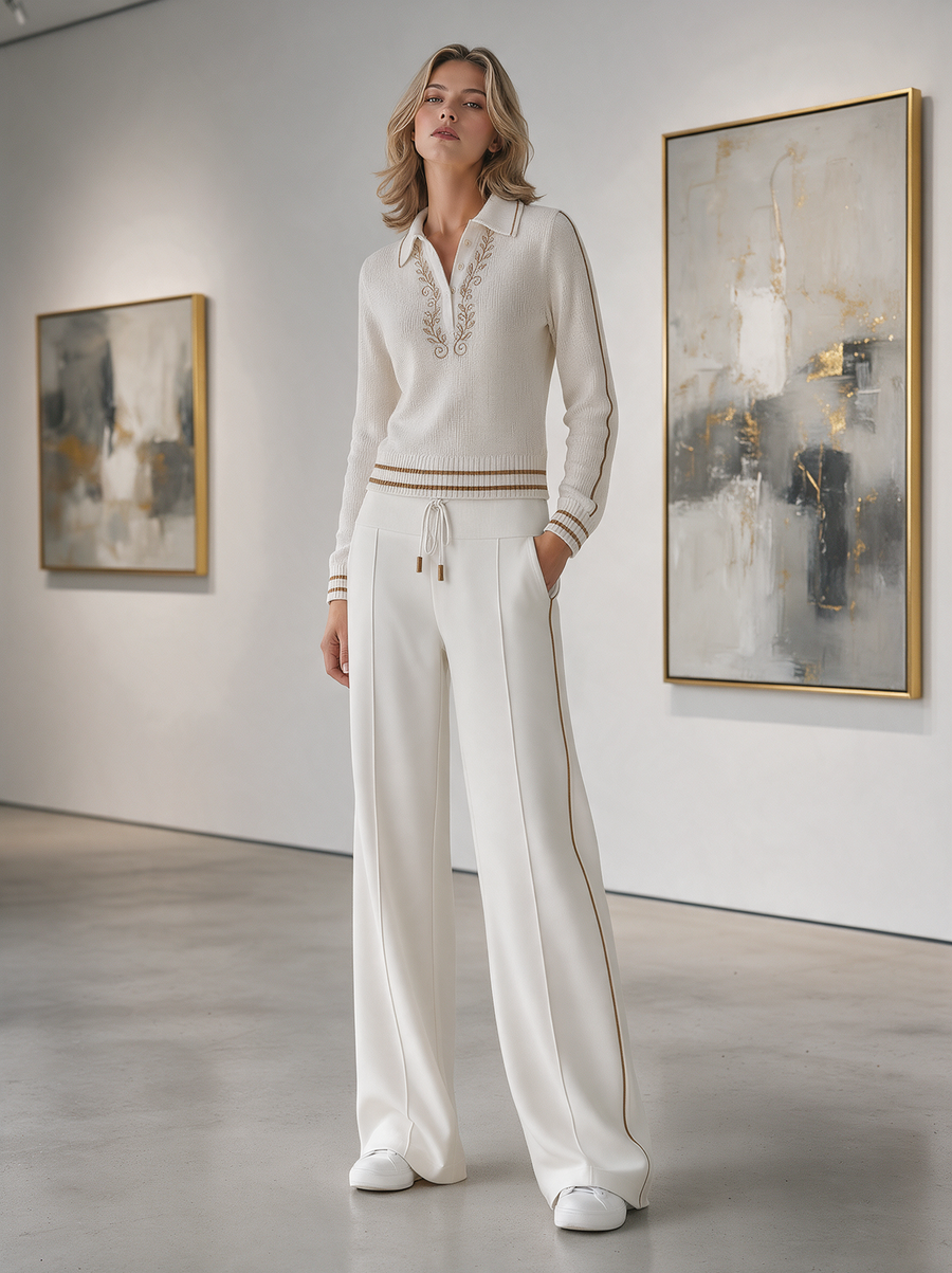 Off-White Embroidered Knit Polo & Wide-Leg Pants Set
