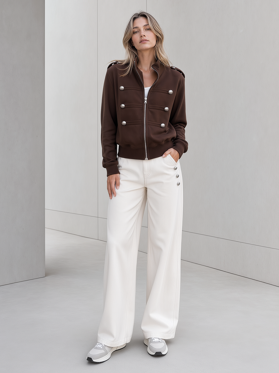 Brown Stand-collar Zip-up Jacket With Button Details And Off-white Casual Trousers Set
