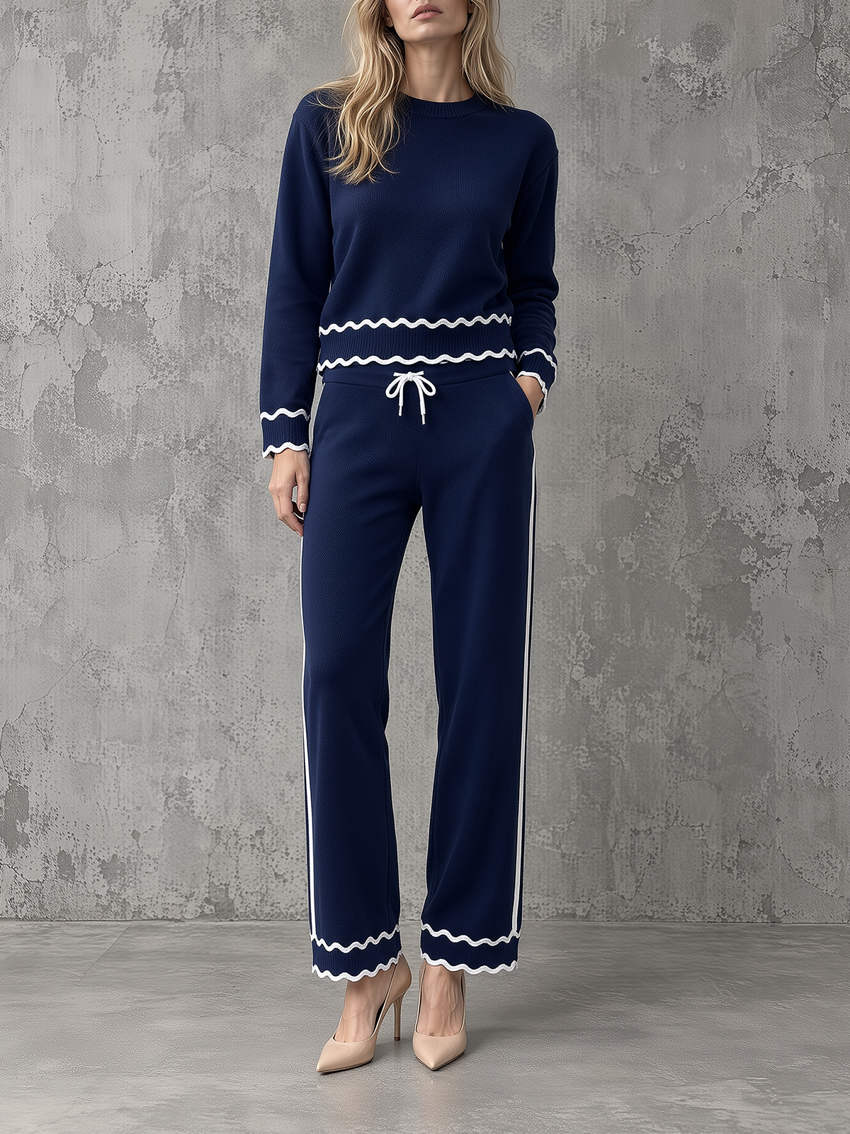 Navy Wavy-Trim Knit Sweater & Wide-Leg Drawstring Pants Set