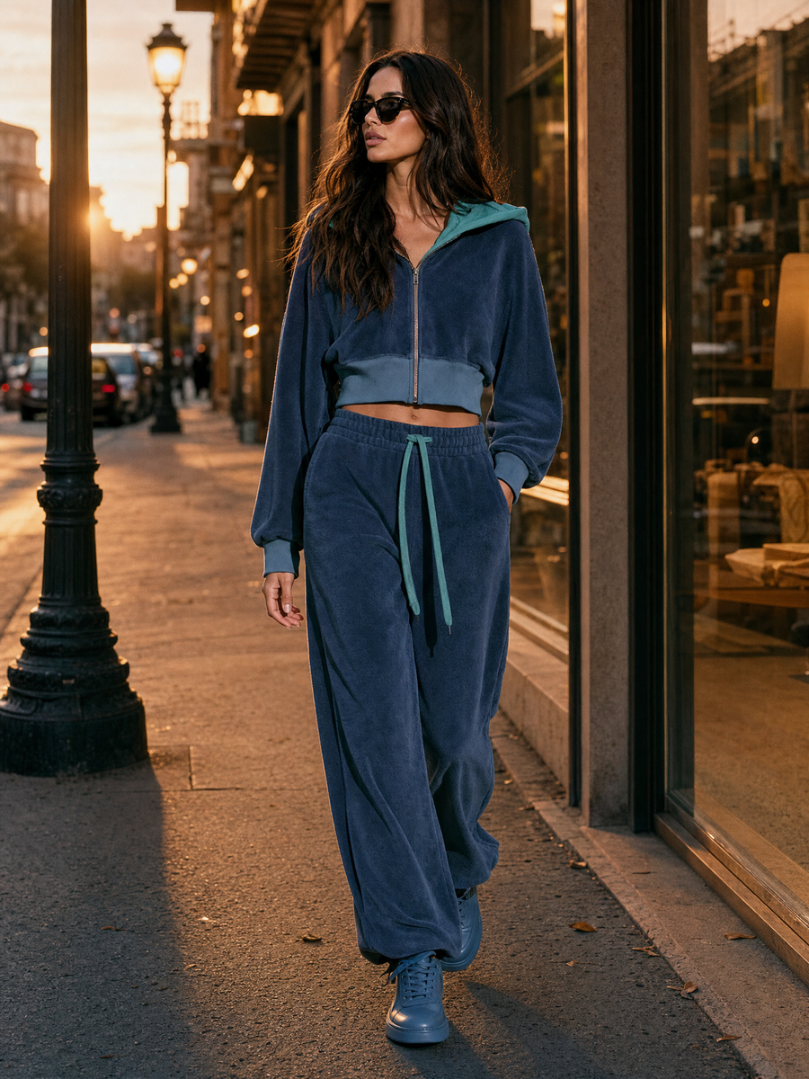 Retro Color-Block Terry Zip-Up Hoodie And Casual Pants Set