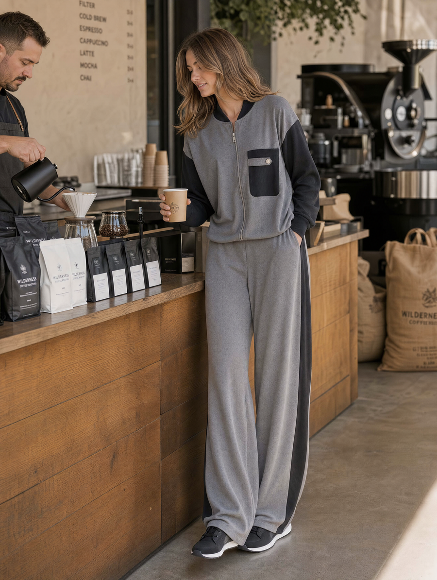 Grey And Black Color-block Long-sleeve Jacket And Wide-leg Trousers Set