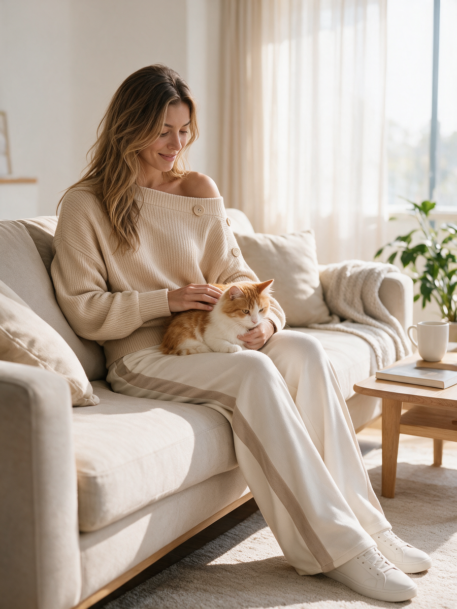 Stylish Khaki Off-the-shoulder Long-sleeve Sweater And Wide-leg Pants Set