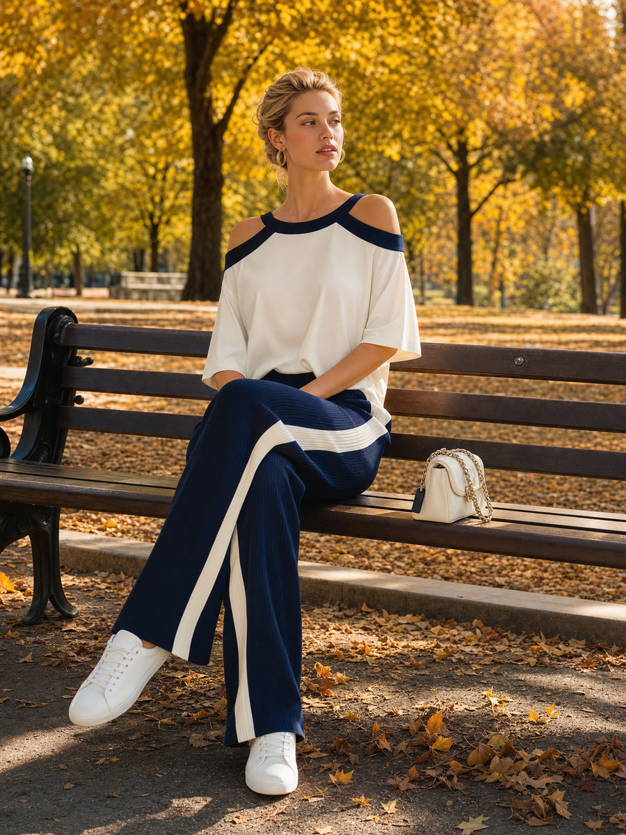 Women's Retro Relaxed-fit Color-block Off-the-shoulder Top And Ribbed Wide-leg Pants Set