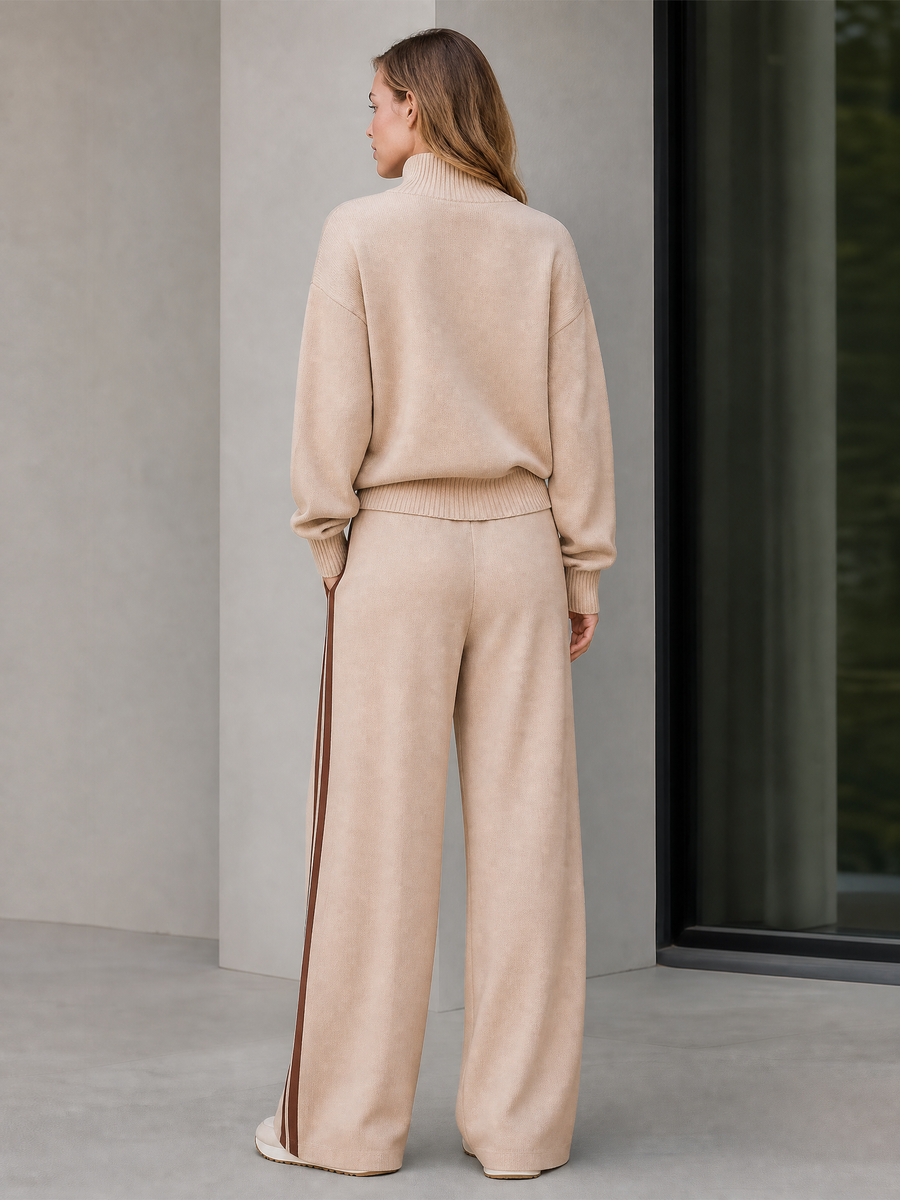 Oatmeal And Brown Color-block Half-zip Knit Top And Wide-leg Trousers Set