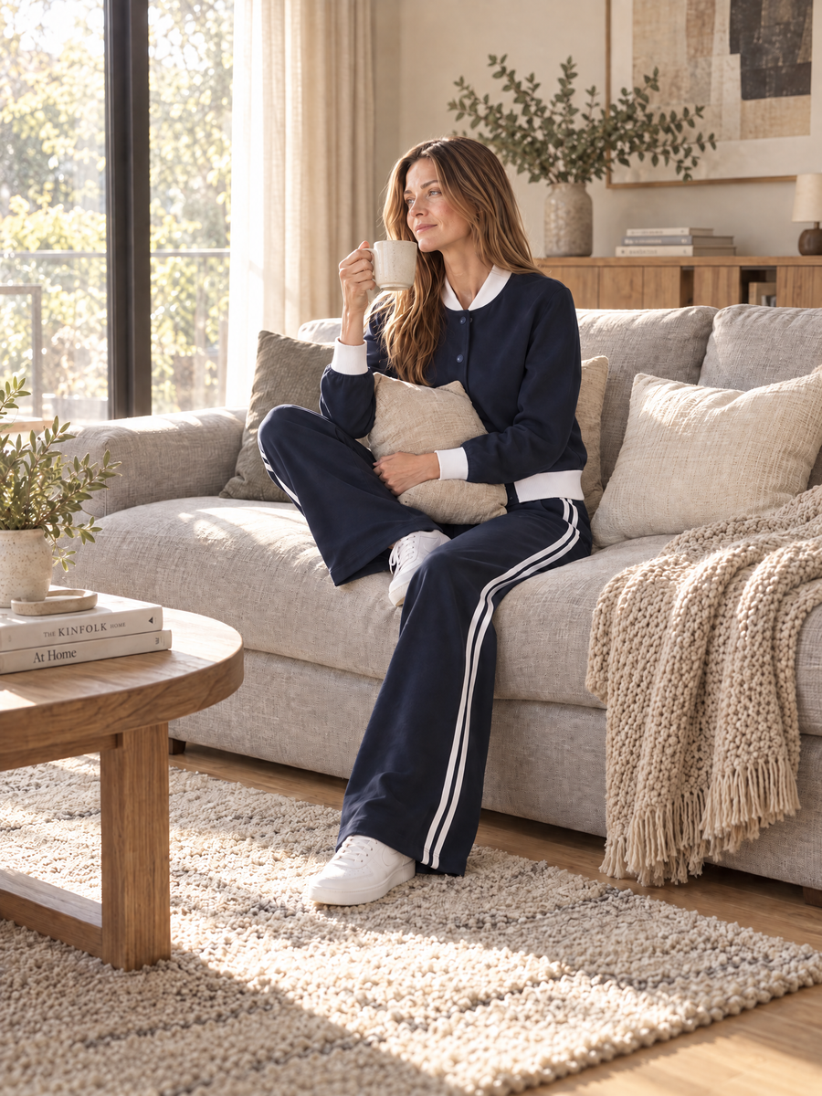 Navy And White Color-block Casual Jacket And Wide-leg Trousers Set