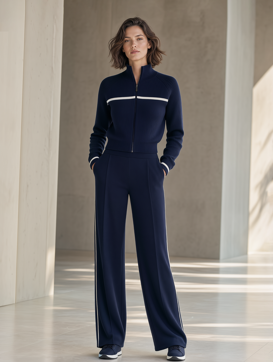 Navy Blue Knitted Zip-up Jacket And Wide-leg Trousers Set