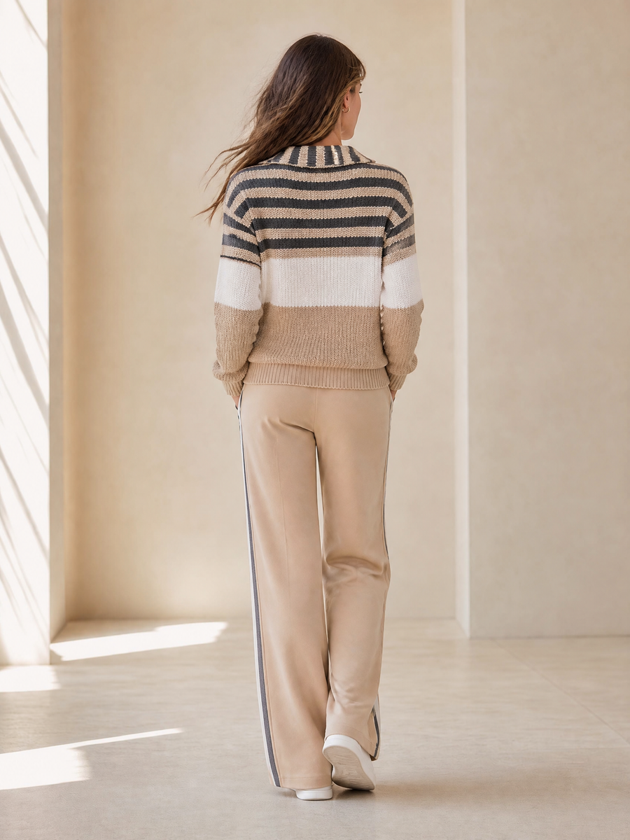 Stylish Casual Khaki Striped Color-Block Long-Sleeve Sweater And Pants Set With Half-Zip Collar