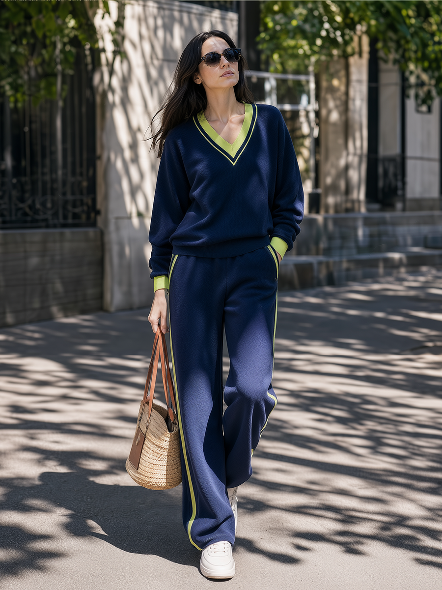 Navy And Lime Green V-Neck Knit Wide-Leg Pants Set