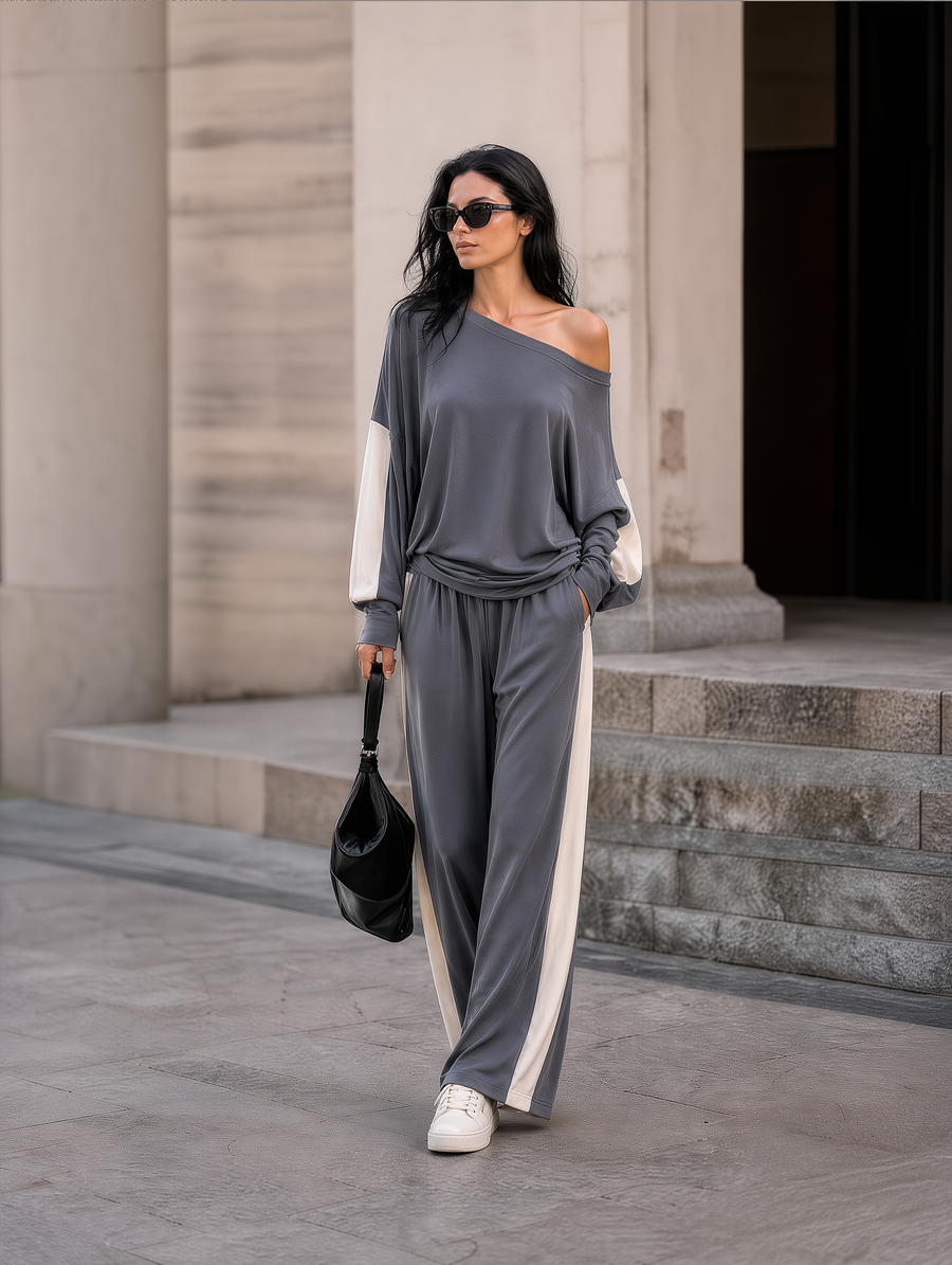 Charcoal And Off-white Color-block Off-shoulder Top And Loose Wide-leg Trousers Set.