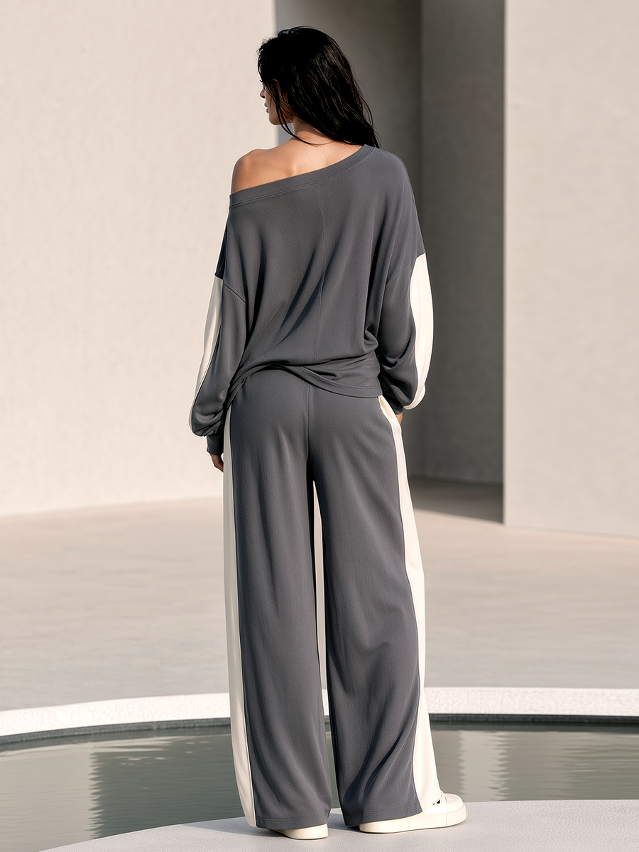 Charcoal And Off-white Color-block Off-shoulder Top And Loose Wide-leg Trousers Set.