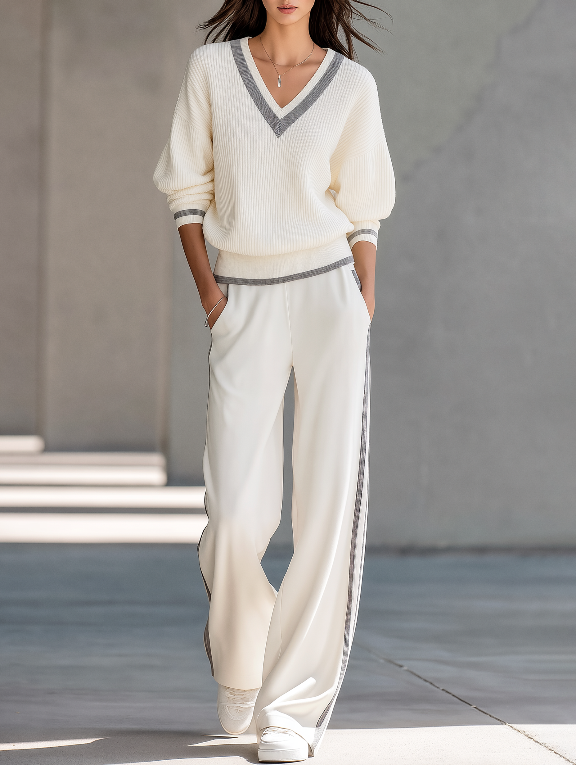 Off-white lightweight sweater and wide-leg trousers set