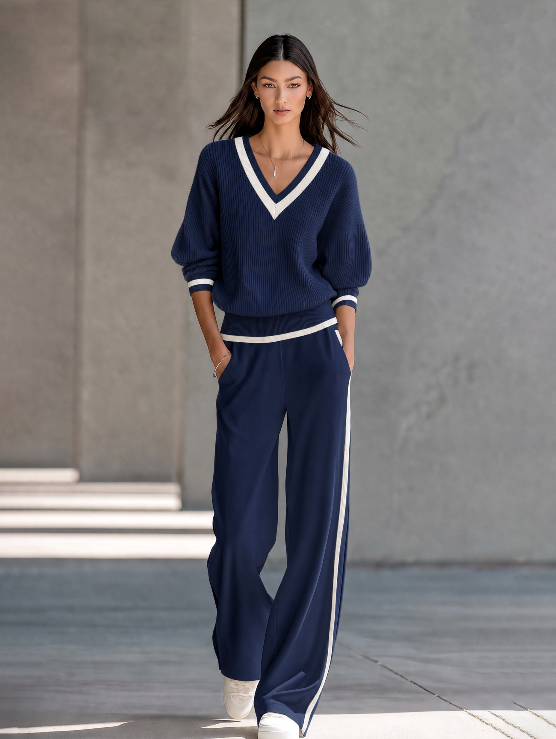Off-white lightweight sweater and wide-leg trousers set