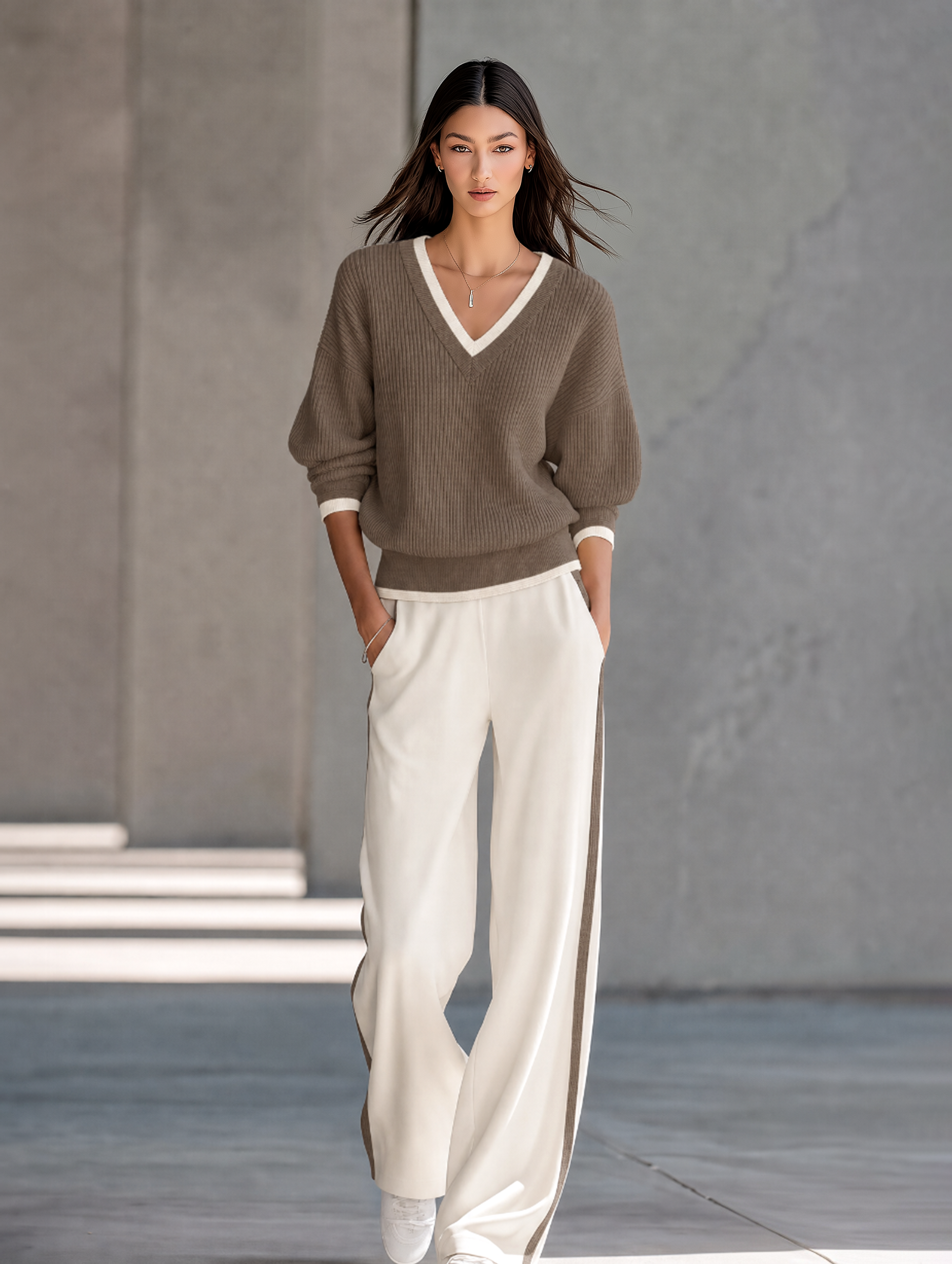 Off-white lightweight sweater and wide-leg trousers set