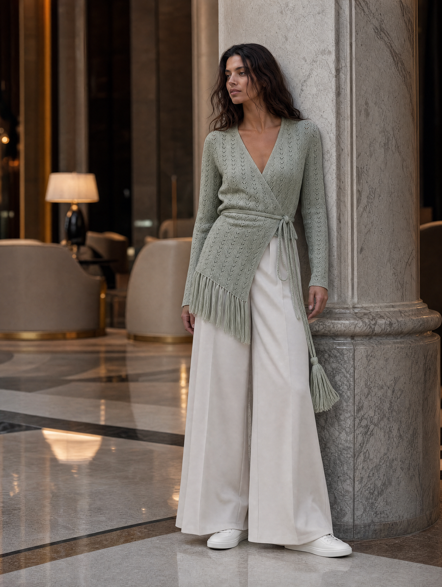 Sage Green Fringe Wrap Cardigan & Ivory Wide-Leg Pants Set
