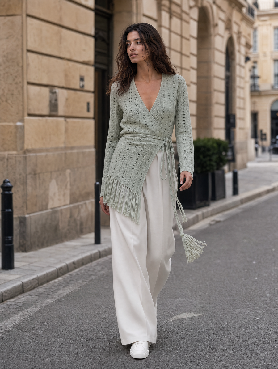 Sage Green Fringe Wrap Cardigan & Ivory Wide-Leg Pants Set