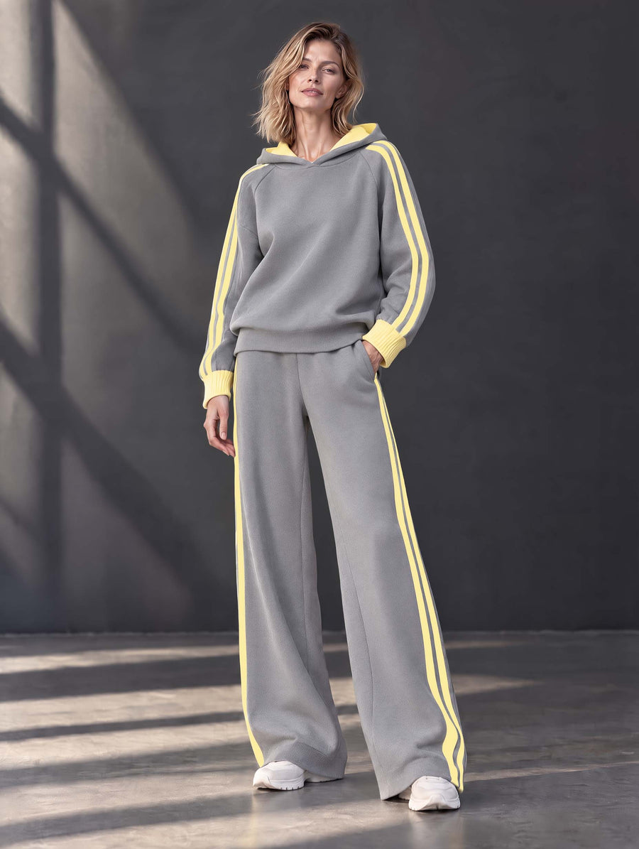 Casual Sporty Grey And Yellow Color-block Long-sleeve Hoodie And Pants Set