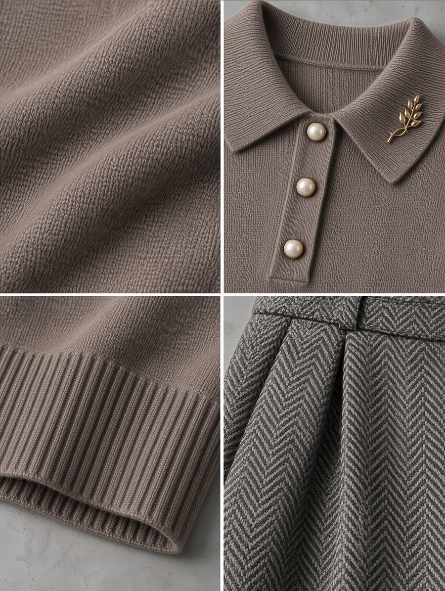 Mocha Pearl-Button Knit Polo & Herringbone Wide-Leg Trousers Set