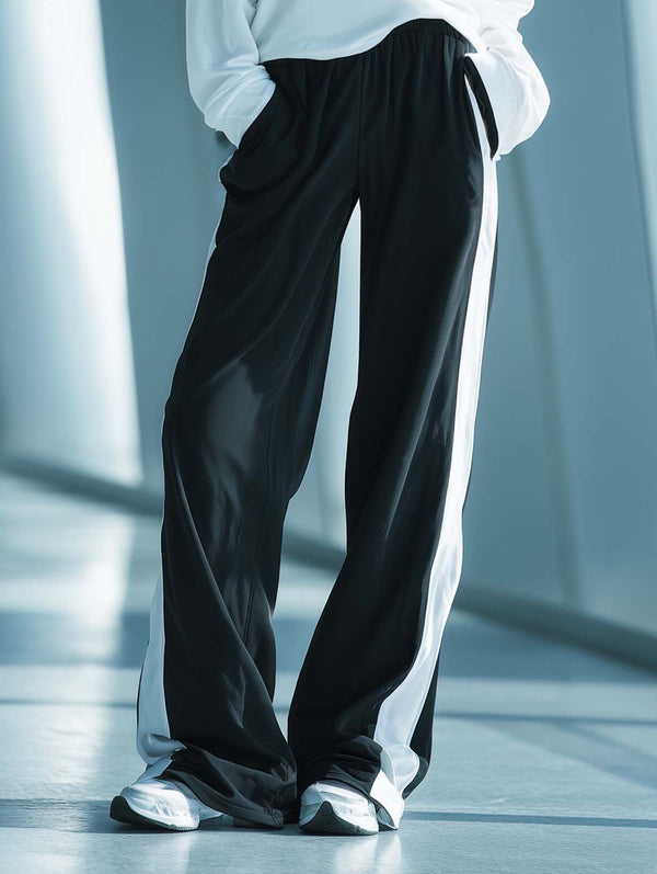 Women's Stylish Casual Black And White Color-block Trousers