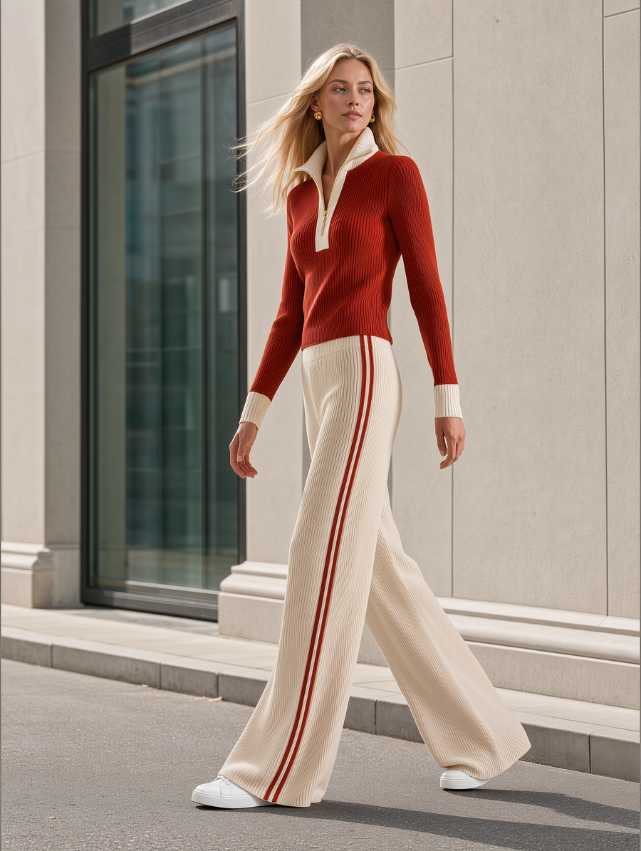 Rust Half-Zip Ribbed Knit Top & Side-Stripe Wide-Leg Pants Set