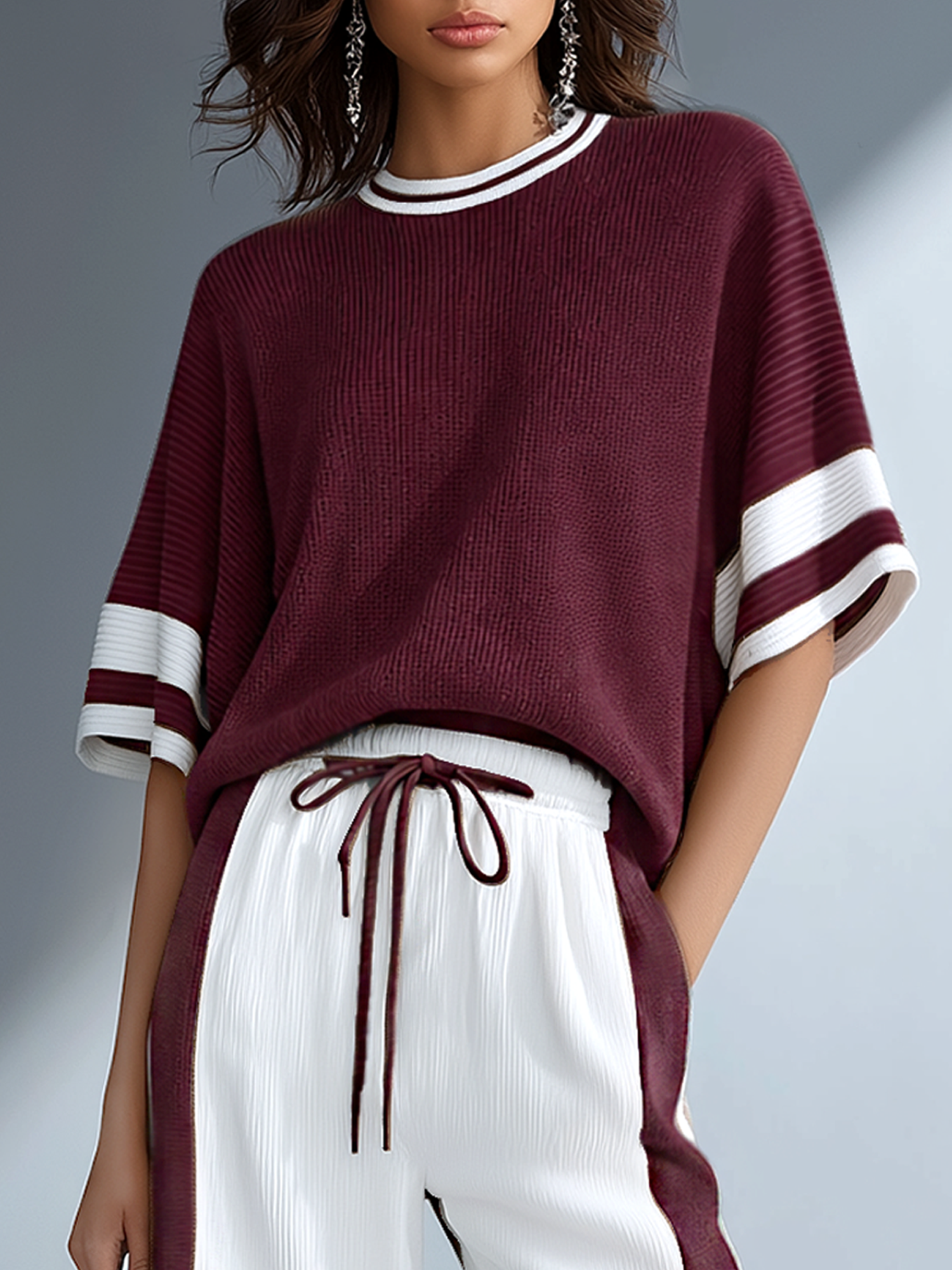 Women's Fashionable Casual Brown Ribbed Knit Color-block Loose Short-sleeved Top