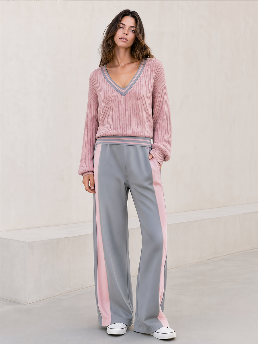 Dusty Pink Color-block V-neck Ribbed Sweater And Grey Contrast Wide-leg Trousers Set
