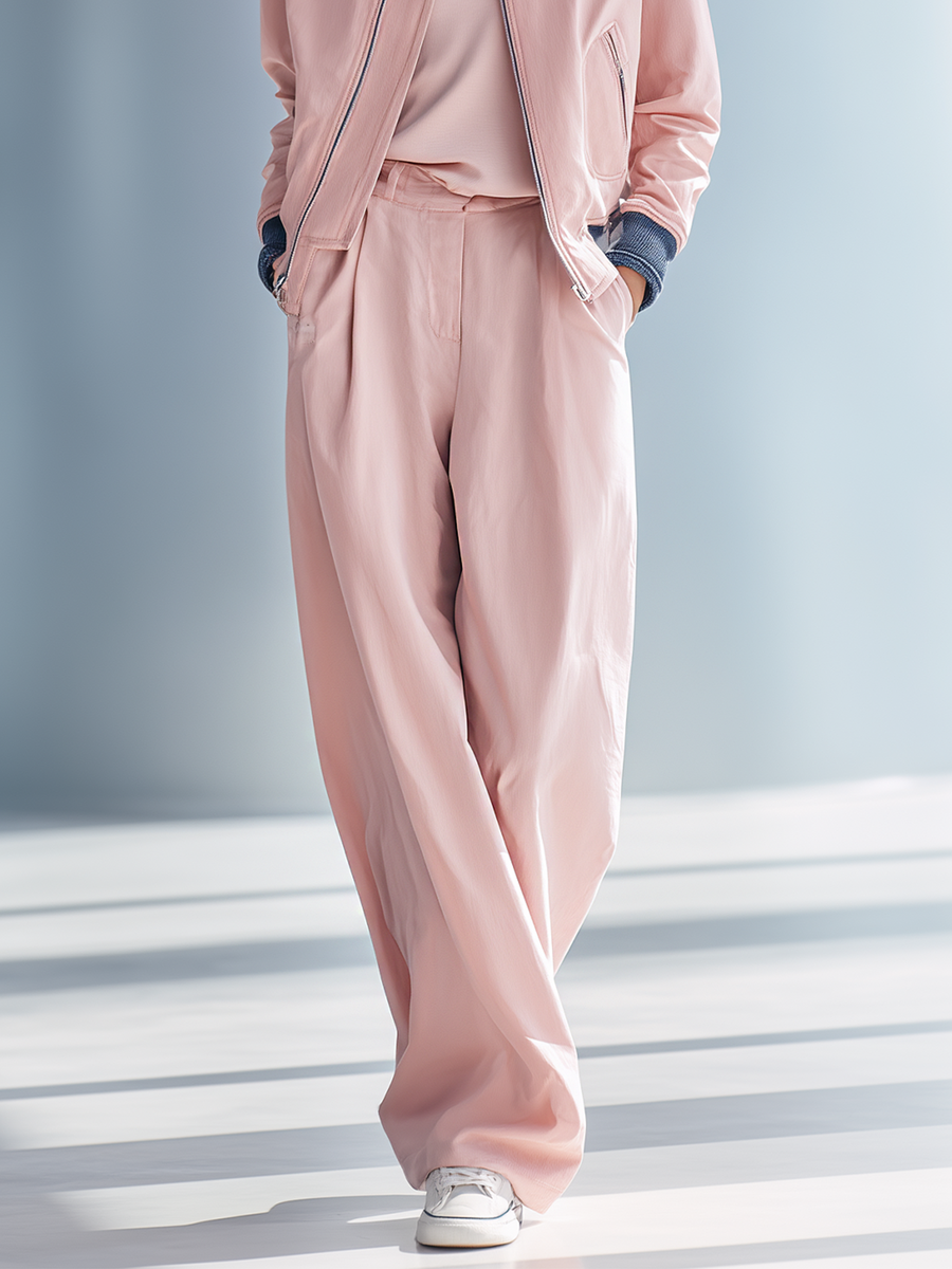 Women's Stylish And Simple Pink Casual Wide-leg Trousers